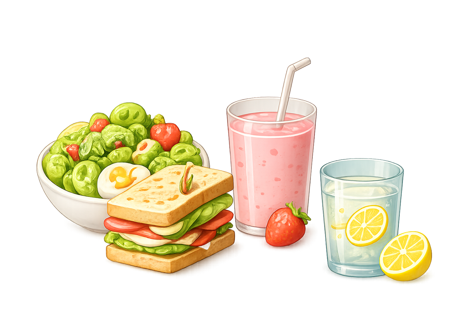 A bright salad, sandwich, juice, and lemon illustration